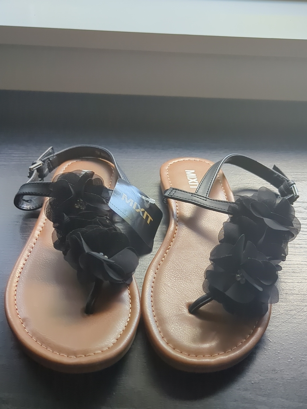 Mixit Black Floral Thong Sandals with Tan Footbed